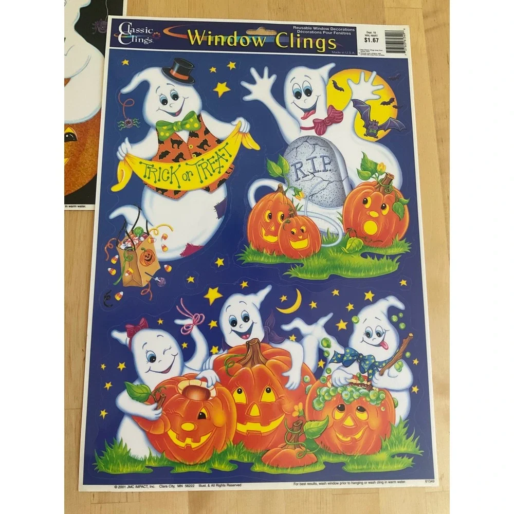 Vintage 2001 Classic Clings Halloween Window Clings Ghosts Pumpkins Hologram 2pk